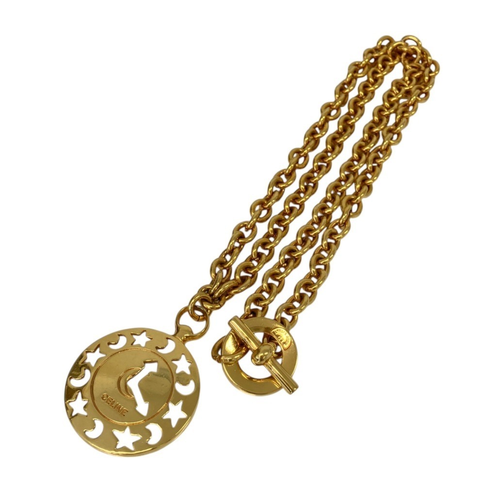 CELINE Vintage Planet Series Star Moon Circle Low Chain Necklace Gold Color W...